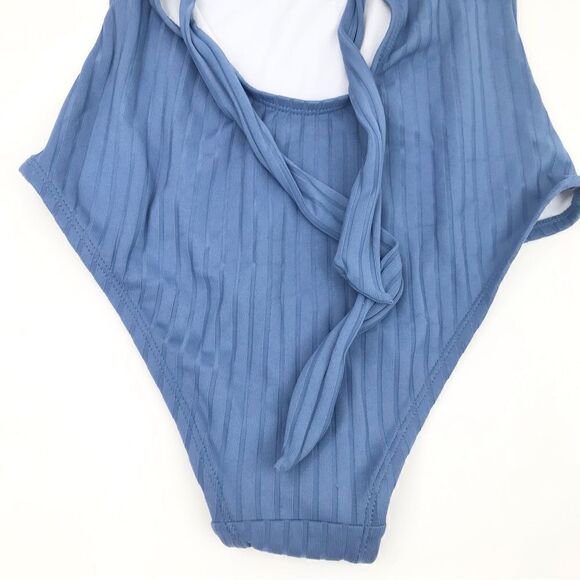 Kona Sol Blue Textured Stripe Ring Front Tie Back One Piece Bathing Suit - Picture 12 of 16